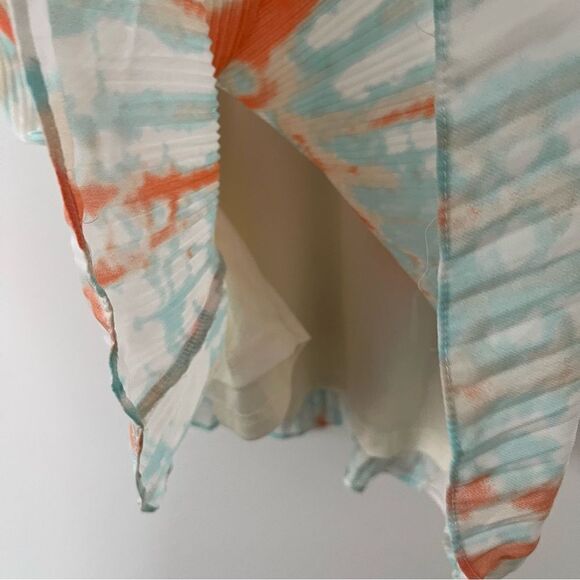 She + Sky Blue Orange Watercolor Pleated Spagetti Strap Tank Top Blouse - Picture 5 of 9